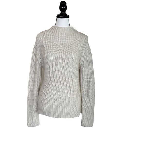 Elie Tahari Shimmer Cream Ribbed Mock Neck Sweater *Large Chunky Knit Wool Blend - Picture 1 of 6